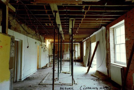 The entrance hall at Bruern Abbery before the work
